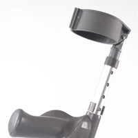 Coopers Adjustable Comfort Grip Crutches showing ergonomic handle, plastic cuff and height holes, close-up view.