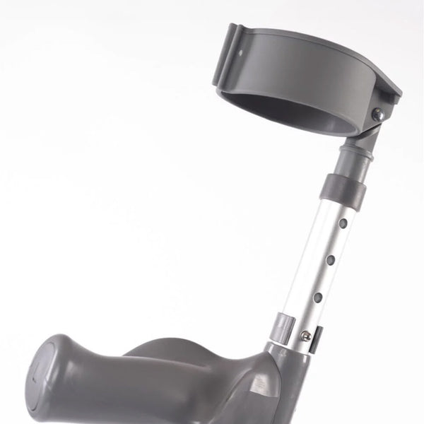 Coopers Adjustable Comfort Grip Crutches showing ergonomic handle, plastic cuff and height holes, close-up view.