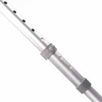 Coopers Adjustable Comfort Grip Crutches with holes and push-button for adjusting height, close-up view.