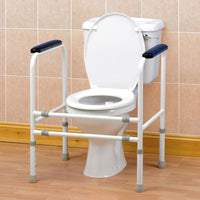 Homecraft adjustable toilet surround with height and width adjustment and padded armrests, front view.