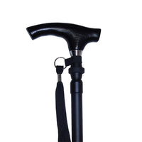 Lifemax Adjustable Walking Stick with ergonomic handle, wrist strap, metal collar and non-slip rubber foot, side view.