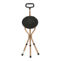 Drive adjustable walking stick and seat with three legs and a fold-out design, front view.