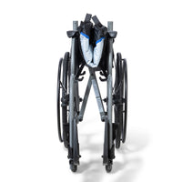 Drive Aero Mg Self Propel Wheelchair folded in half to show compact, lightweight design front view.