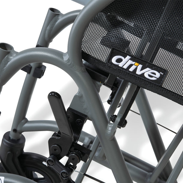Drive Aero Mg Self Propel Wheelchair ultralight frame with mesh backrest and adjustment levers, close-up.