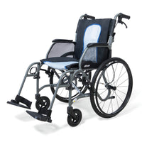 Drive Aero Mg Self Propel ultra-light wheelchair with large rear wheels, footrests, and cushioned seat and backrest, front view.