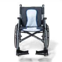 Drive Aero Mg Self Propel Wheelchair with light blue seat cushion, front view.