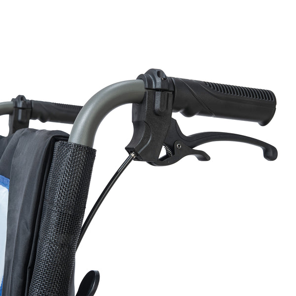 Hand brake lever on handlebar of Drive Aero Mg Self Propel Wheelchair, close-up.