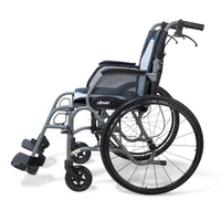Drive Aero Mg Self Propel Wheelchair with mesh back, large rear wheels and footrests, side view.