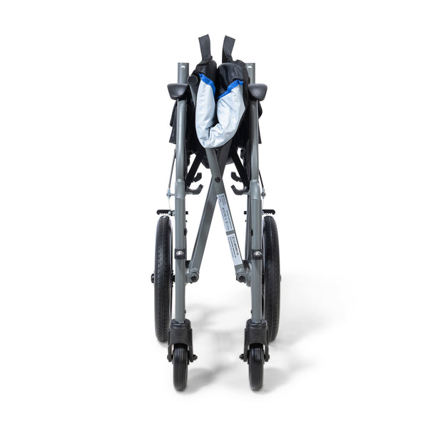 Drive Aero Mg Transit Wheelchair folded, compact frame and wheels visible, front view.