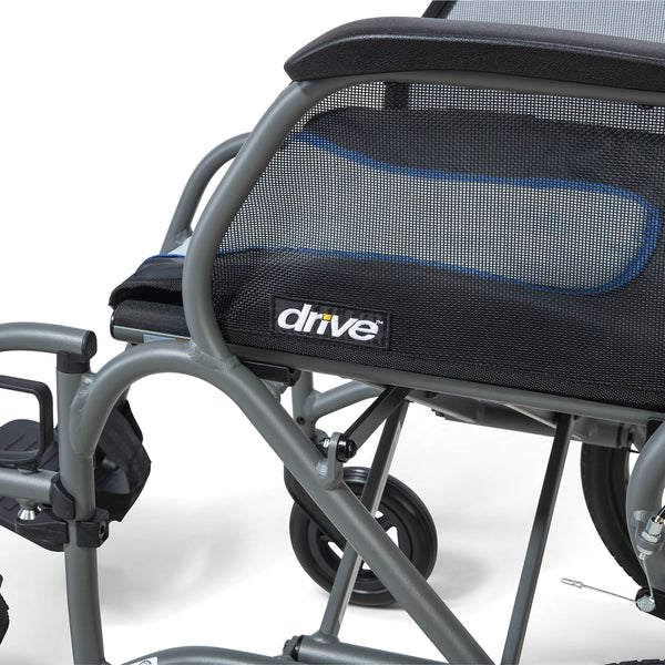 Drive Aero Mg Transit Wheelchair with mesh backrest and lightweight frame, close-up.