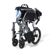Drive Aero Mg Transit Wheelchair, lightweight and compact folding with rear storage bag, side view.