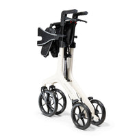 Buttercream Drive AeroWalk Carbon Rollator with four large black wheels and black handles, partially folded, side angle.