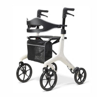 Drive AeroWalk Carbon Rollator in buttercream with four large wheels, black handles and mesh storage under seat, front angle.