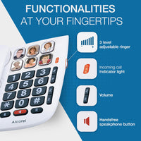 Alcatel TMax 10+ big button corded phone with photo memory dial, ringer and call light icons, speakerphone, front view.