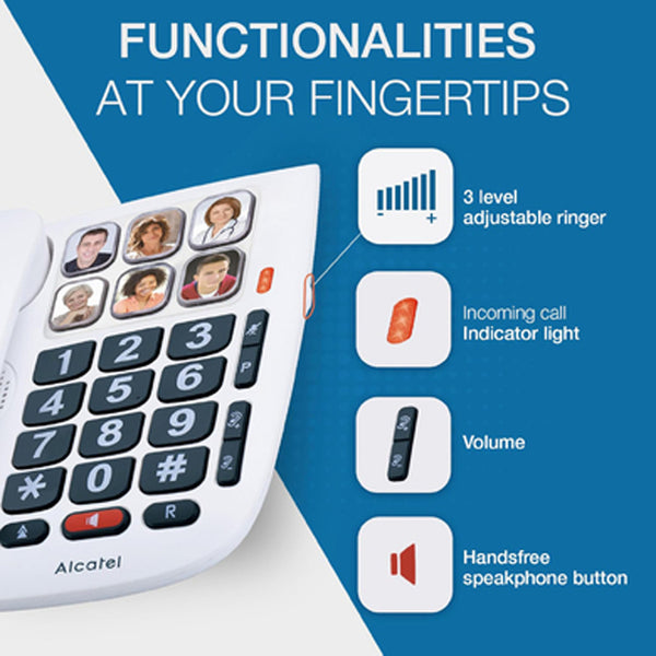 Alcatel TMax 10+ big button corded phone with photo memory dial, ringer and call light icons, speakerphone, front view.