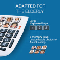 Alcatel TMax 10+ corded phone with six photo memory keys and large buttons, designed for seniors, front view.