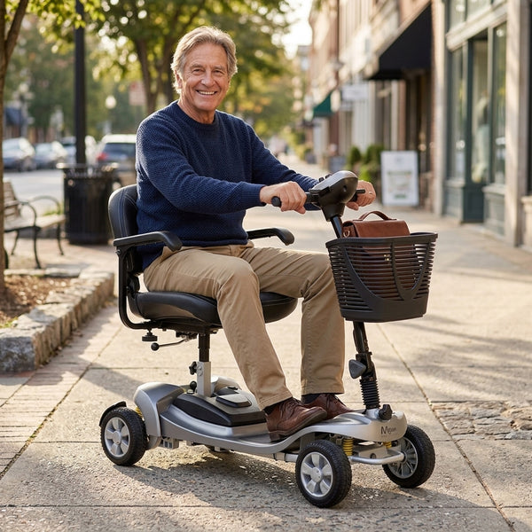 Older man using Motion Healthcare Alumina Scooter with lithium battery on city pavement, shops and trees in background, in use.