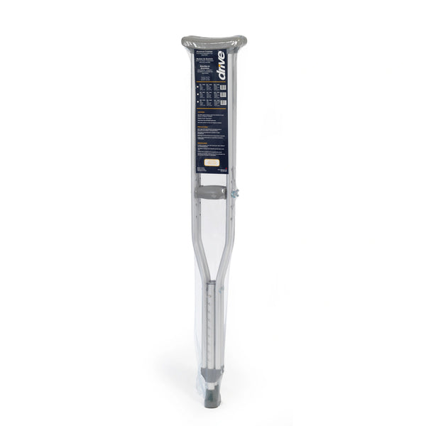 Drive Aluminium Underarm Crutch, lightweight and padded tip, upright on white background, front view.
