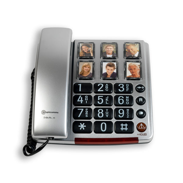 Amplicomms BigTel 40 Plus corded phone with large buttons and six photo memory keys, front view.