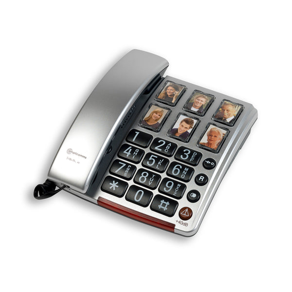 Amplicomms BigTel 40 Plus corded phone with large buttons and six photo speed-dial keys, front view.