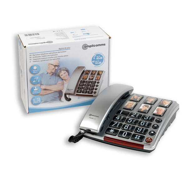 Amplicomms BigTel 40 Plus corded phone with large buttons and photo memory, next to packaging, front view.