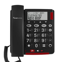 Corded phone with large buttons, easy-read display and hearing aid compatible Audio Boost feature, front view.