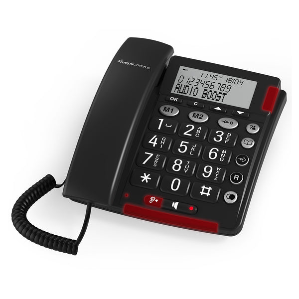 Amplicomms BigTel 48 Plus with large buttons, backlit display, red indicator lights, hearing aid symbol, front view.