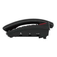 Amplicomms BigTel 48 Plus corded big button telephone with control icons on base, side view.