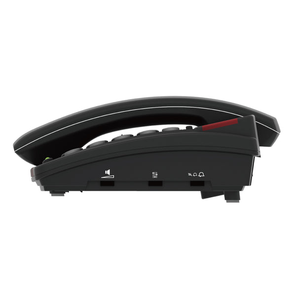 Amplicomms BigTel 48 Plus corded big button telephone with control icons on base, side view.
