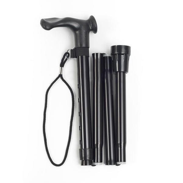 Folding aluminium right-handed walking stick with anatomic grip and wrist strap, top-down view.