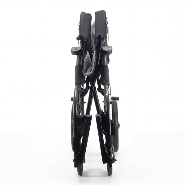 Urathon Apollo Lightweight Wheelchair, aluminium frame, folded upright, front view on white background.