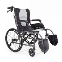 Lightweight wheelchair with aluminium frame, footrests, padded armrests, large rear wheels and small front wheels, side view.