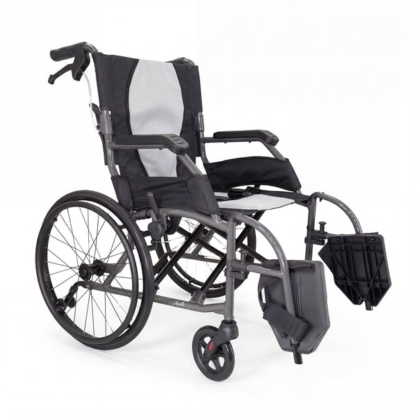 Lightweight wheelchair with aluminium frame, footrests, padded armrests, large rear wheels and small front wheels, side view.