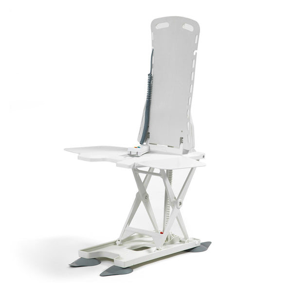 Drive Aquajoy Value Bathlift with high backrest, folding seat and waterproof hand control, coiled cord, side view.