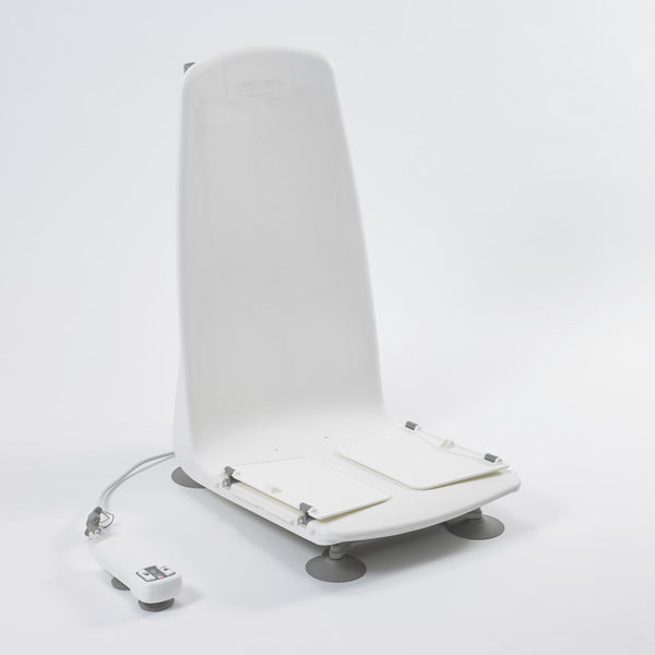 Mangar Archimedes Bath Lift with high back, foldable seat flaps, suction feet and side wired remote control, angled view.
