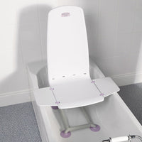 Battery-powered bath lift chair with backrest and side flaps for use in a bathtub, side view.