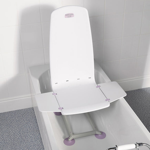 Battery-powered bath lift chair with backrest and side flaps for use in a bathtub, side view.