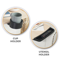 Stander Assist-A-Tray Over Chair Table with cup holder, grab handle, and remote storage compartment, close-up.
