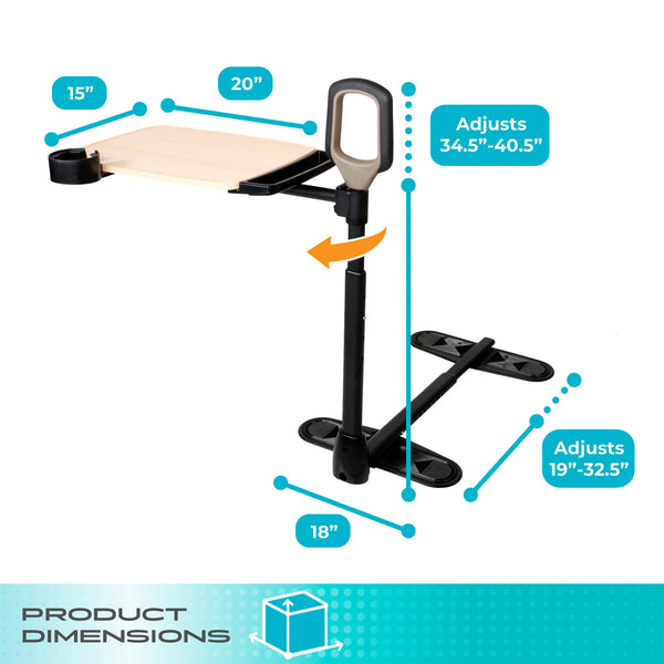 Stander Assist-A-Tray table with adjustable height, swivel tray, cup holder, grab handle, and dimensions, front view.