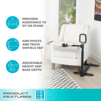 Stander Assist-A-Tray Over Chair Table with pivoting tray and support grab handle, side view.