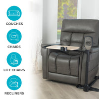 Stander Assist-A-Tray over chair table with cup holder and grab handle, in use.