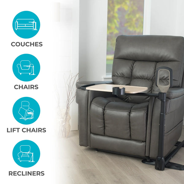Stander Assist-A-Tray over chair table with cup holder and grab handle, in use.