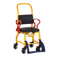 Children’s shower commode chair with hygiene opening, adjustable footrest, backrest and four wheels, front angle view.