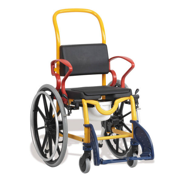 Children’s shower commode chair with colourful frame, black seat, large wheels and adjustable footrest, front angle view.
