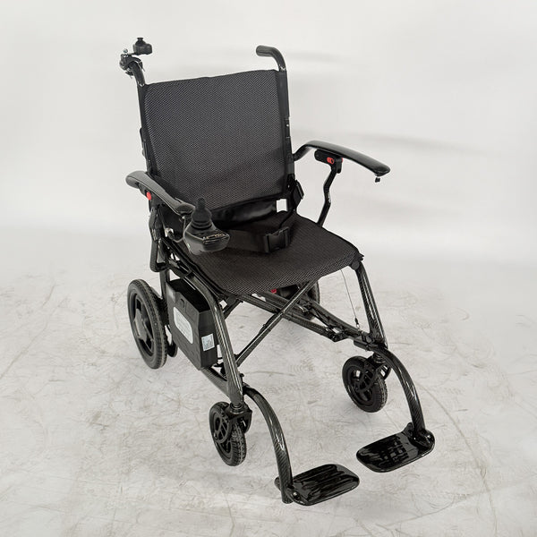 Urathon Velora Carbon Fibre Powerchair with joystick, padded seat and footrests on a white background, front view.