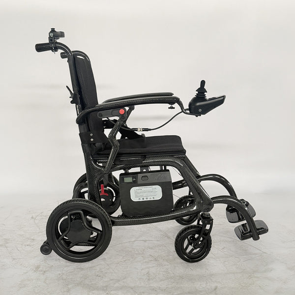 Urathon Velora Powerchair with joystick controls and Bluetooth remote, side view.