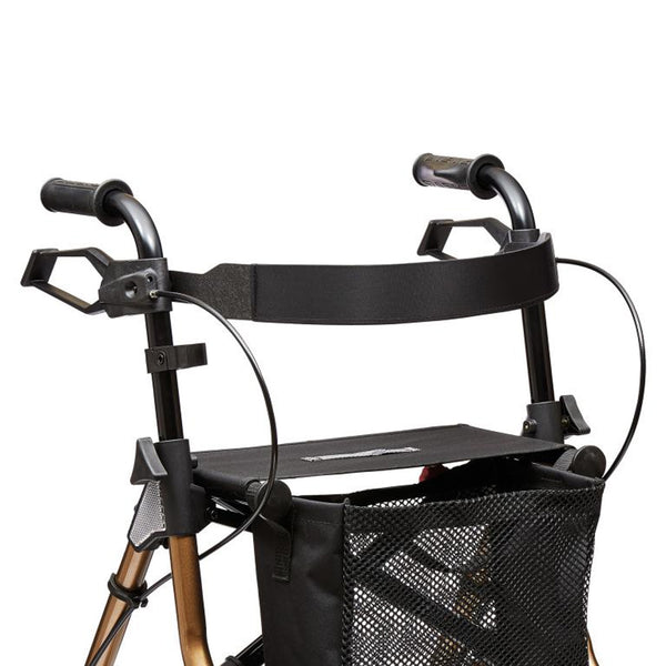 Able2 Backstrap for Dietz Taima Rollator showing handles, seat, mesh pouch and cushioned backrest support, close-up.