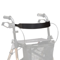 Able2 backstrap for Dietz Taima Rollator, attaches to handles for added back support, shown fitted on rollator, rear view.