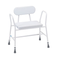 Drive Bariatric Perching Stool with Padded Back, height-adjustable frame with padded seat and backrest, side view.