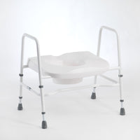 Drive Bariatric Toilet Aid, adjustable height with armrests, rubber feet and raised seat for support, front angle view.